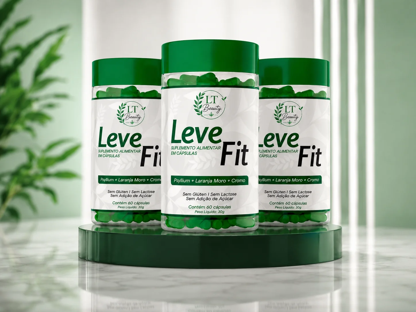 Frasco ilustrativo Leve Fit em cenário premium